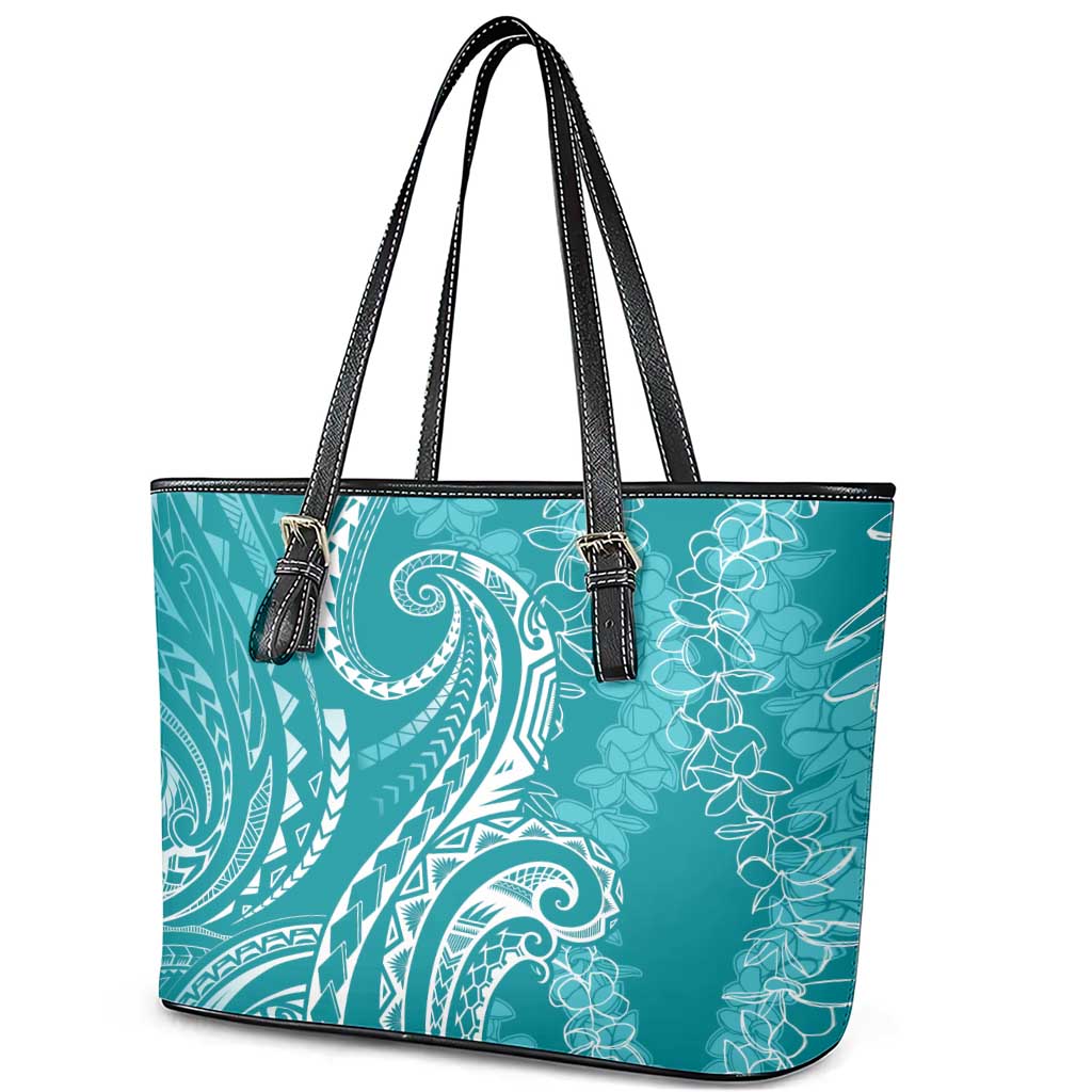Polynesia Plumeria Lei Leather Tote Bag Teal Curves Motif