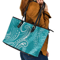 Polynesia Plumeria Lei Leather Tote Bag Teal Curves Motif