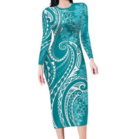 Polynesia Plumeria Lei Long Sleeve Bodycon Dress Teal Curves Motif
