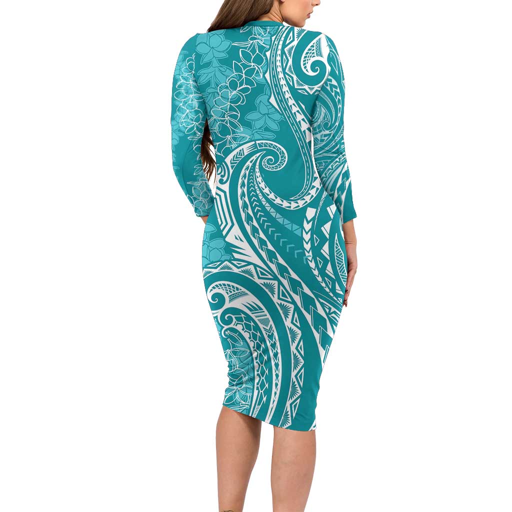 Polynesia Plumeria Lei Long Sleeve Bodycon Dress Teal Curves Motif