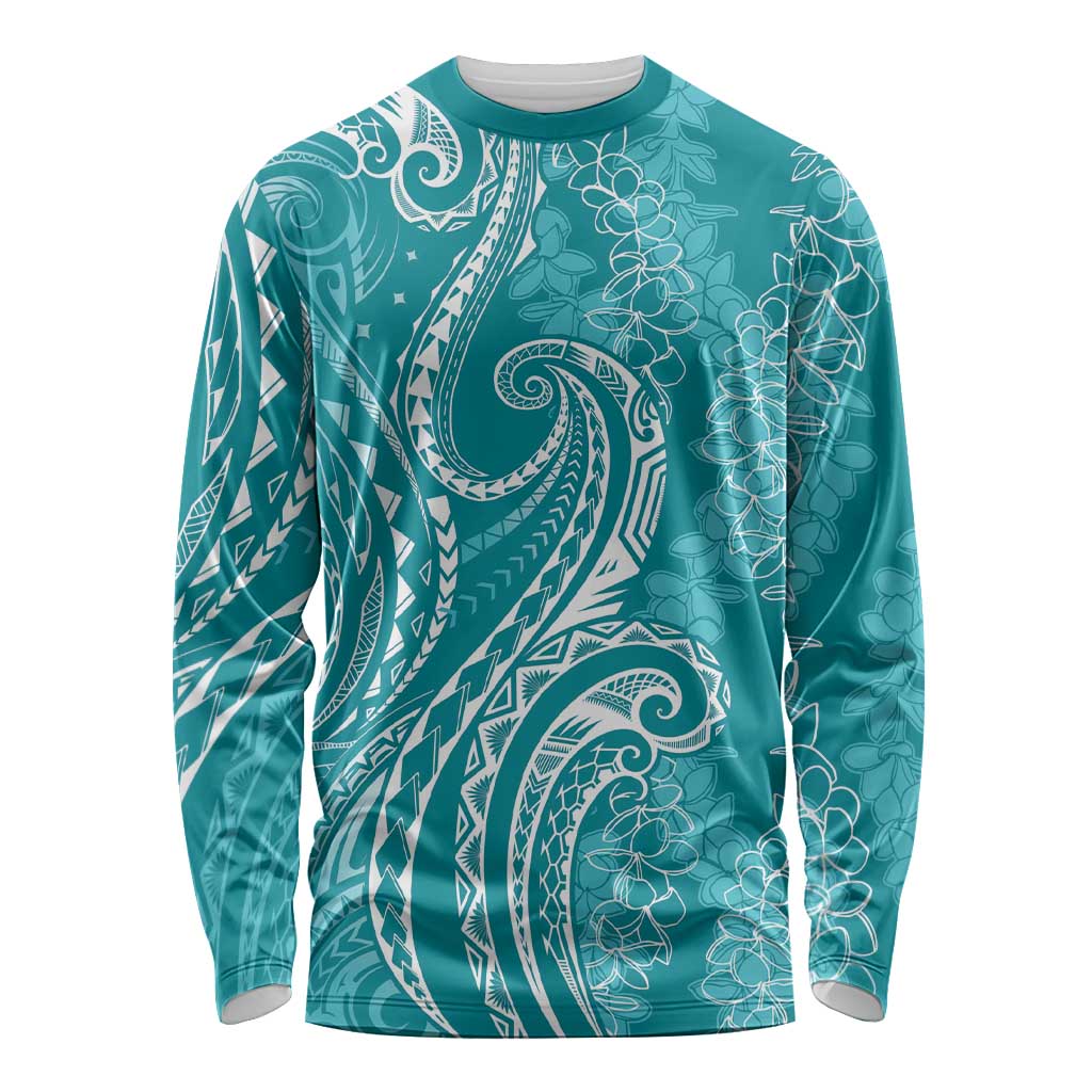 Polynesia Plumeria Lei Long Sleeve Shirt Teal Curves Motif LT7 Unisex Teal - Polynesian Pride