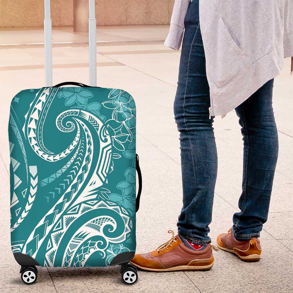 Polynesia Plumeria Lei Luggage Cover Teal Curves Motif