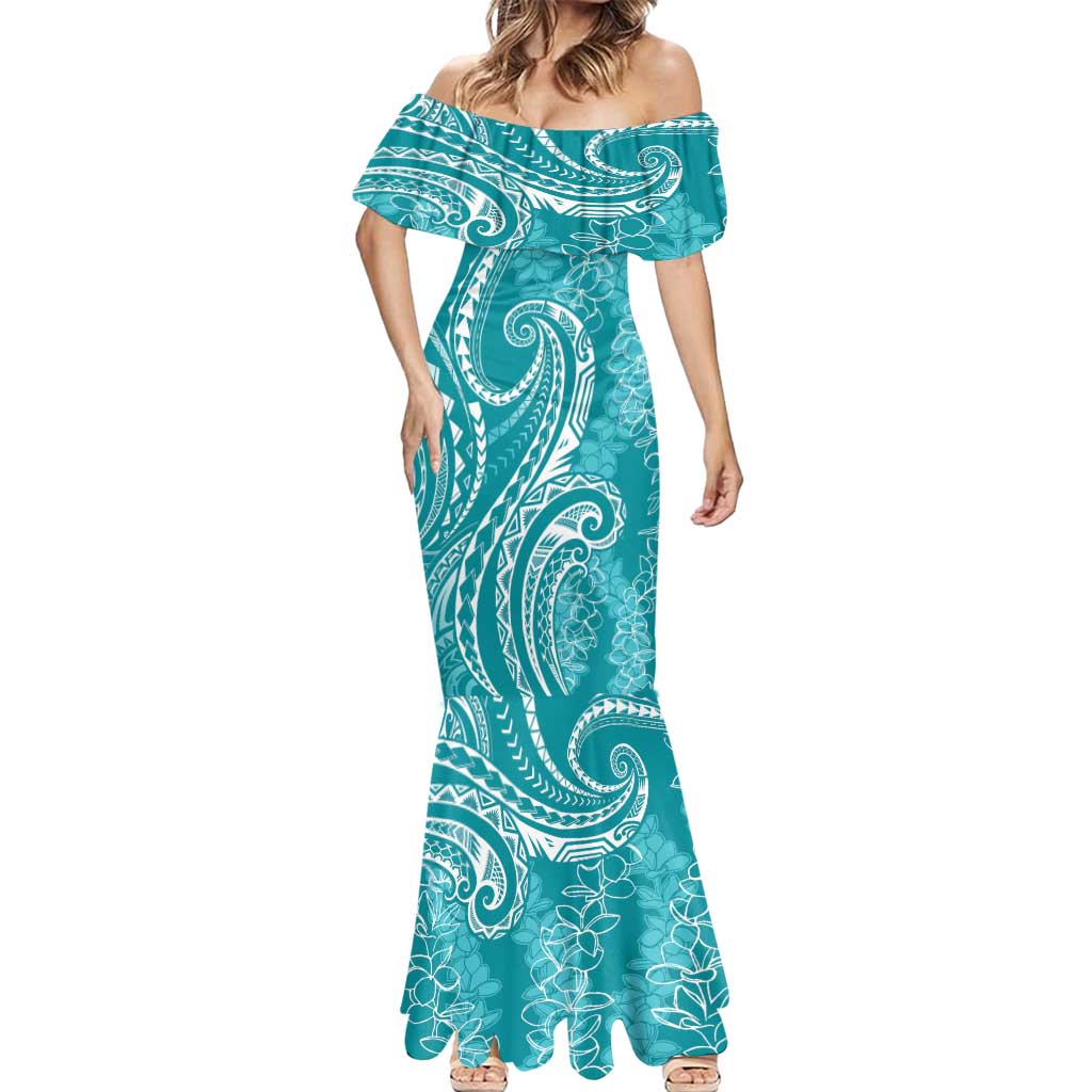 Polynesia Plumeria Lei Mermaid Dress Teal Curves Motif