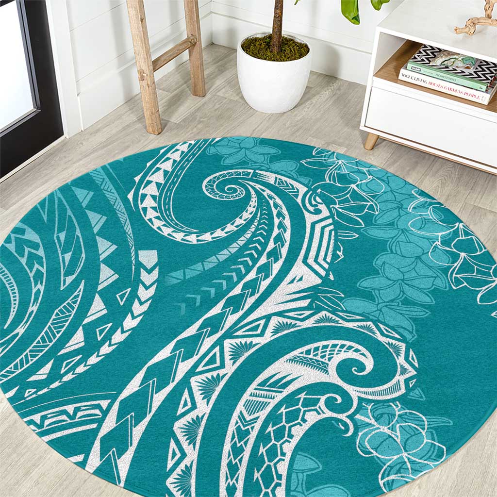 Polynesia Plumeria Lei Round Carpet Teal Curves Motif