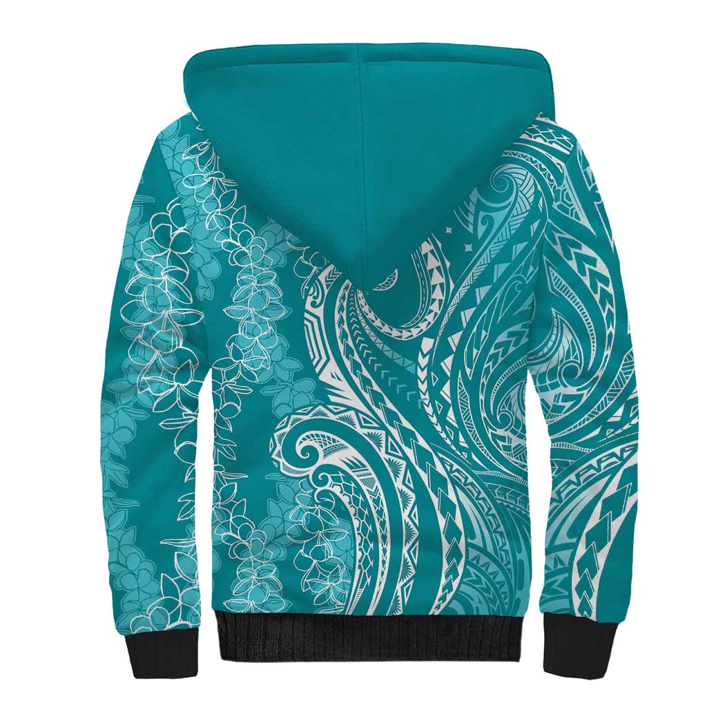 Polynesia Plumeria Lei Sherpa Hoodie Teal Curves Motif LT7 - Polynesian Pride