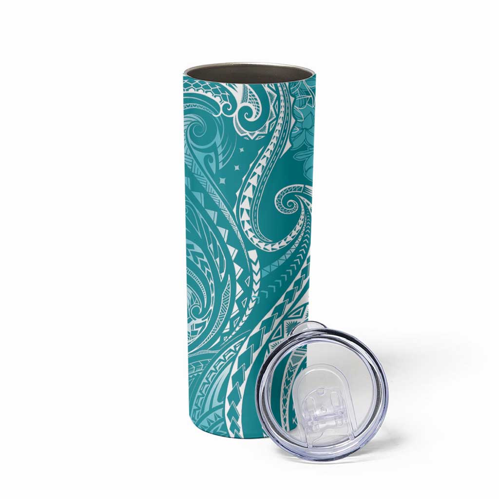 Polynesia Plumeria Lei Skinny Tumbler Teal Curves Motif