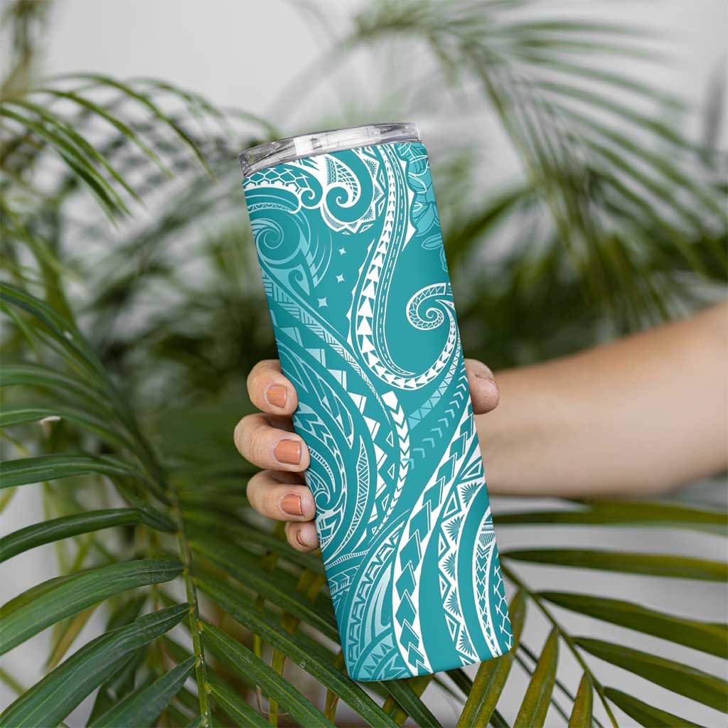 Polynesia Plumeria Lei Skinny Tumbler Teal Curves Motif