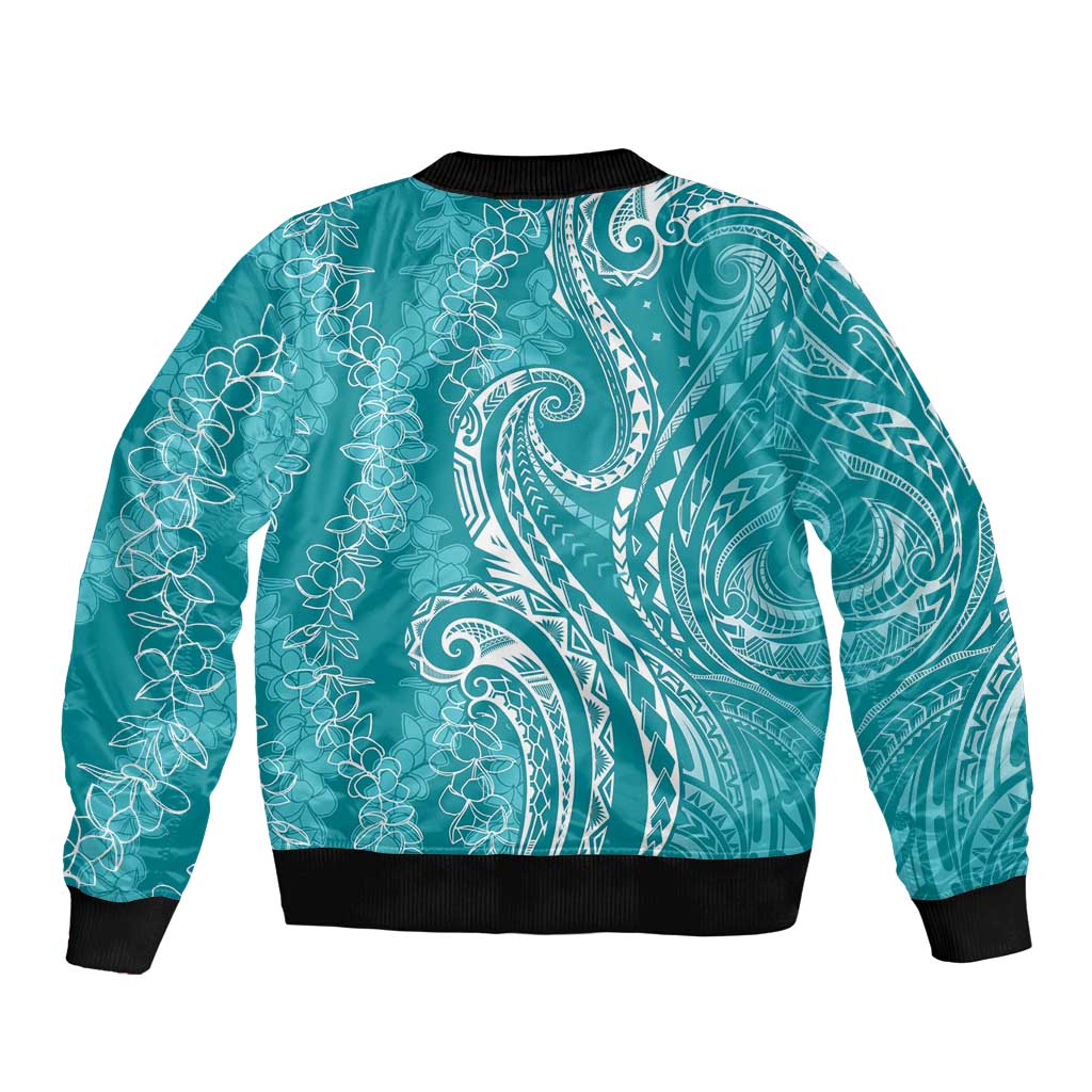Polynesia Plumeria Lei Sleeve Zip Bomber Jacket Teal Curves Motif