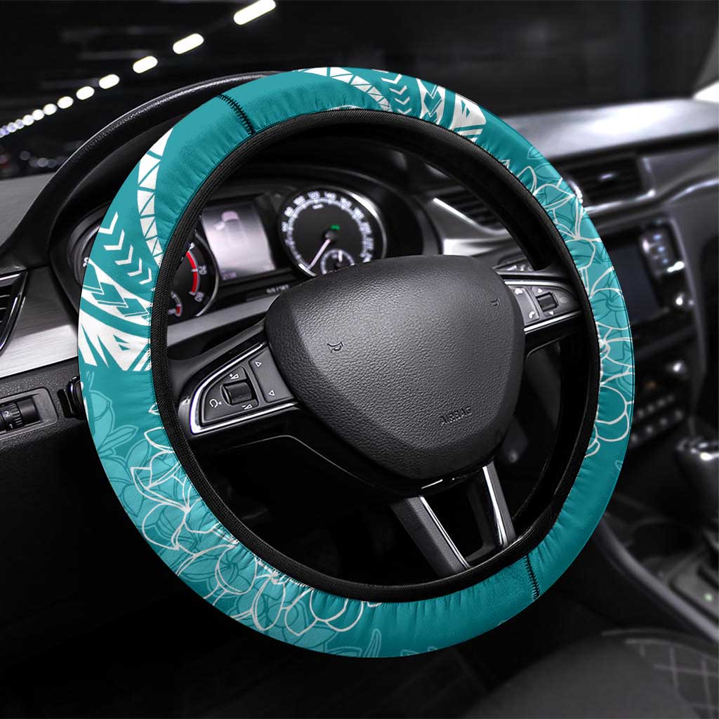 Polynesia Plumeria Lei Steering Wheel Cover Teal Curves Motif LT7 Universal Fit Teal - Polynesian Pride