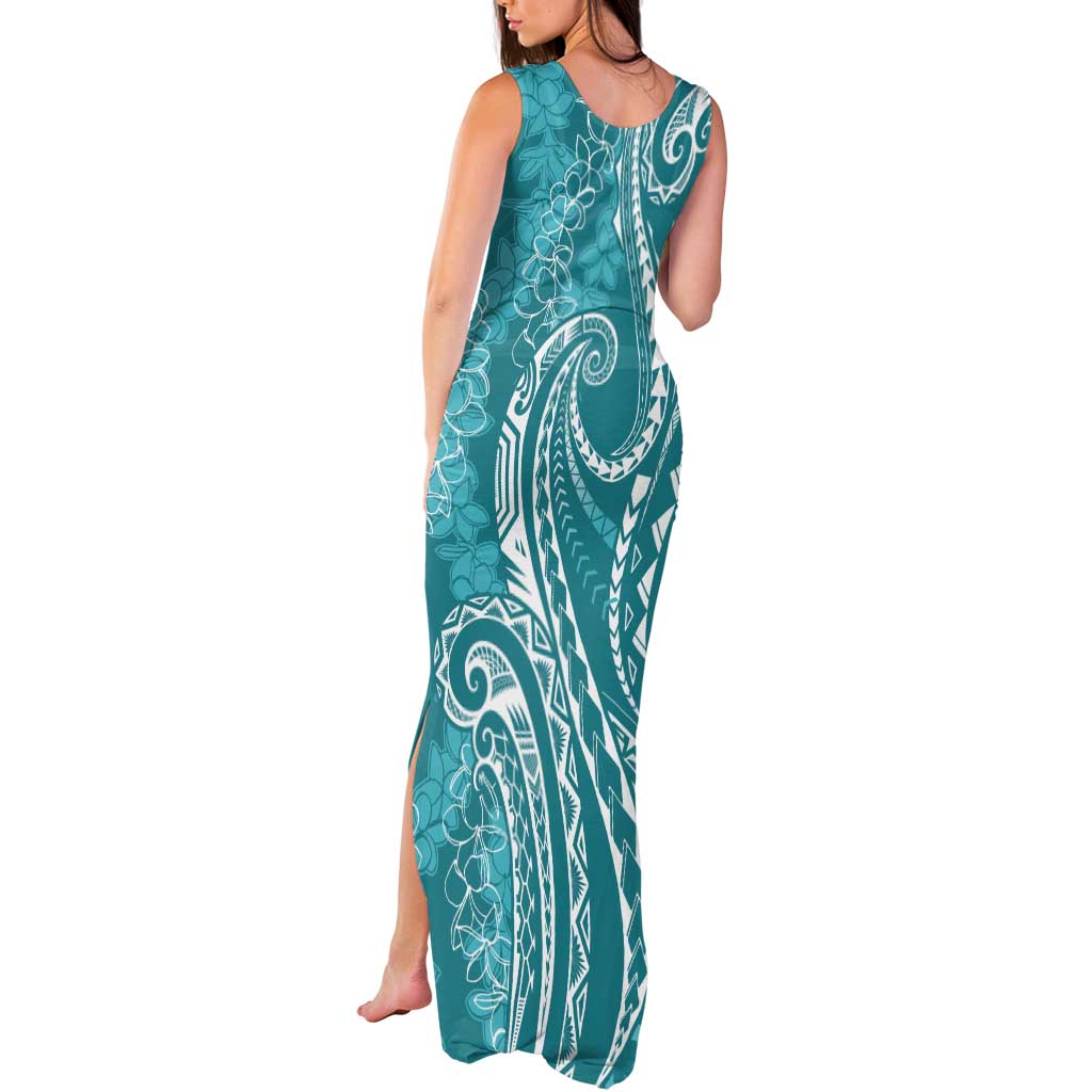 Polynesia Plumeria Lei Tank Maxi Dress Teal Curves Motif