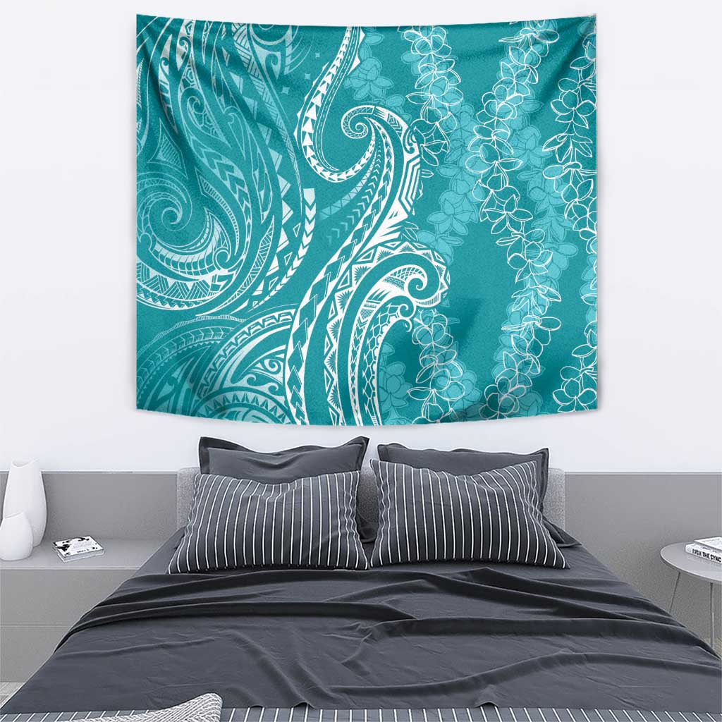 Polynesia Plumeria Lei Tapestry Teal Curves Motif