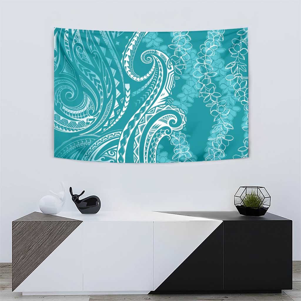 Polynesia Plumeria Lei Tapestry Teal Curves Motif