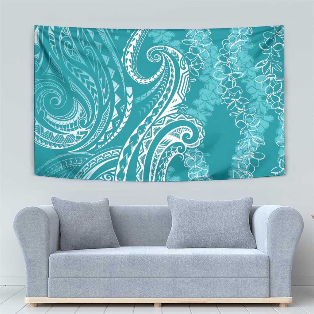 Polynesia Plumeria Lei Tapestry Teal Curves Motif