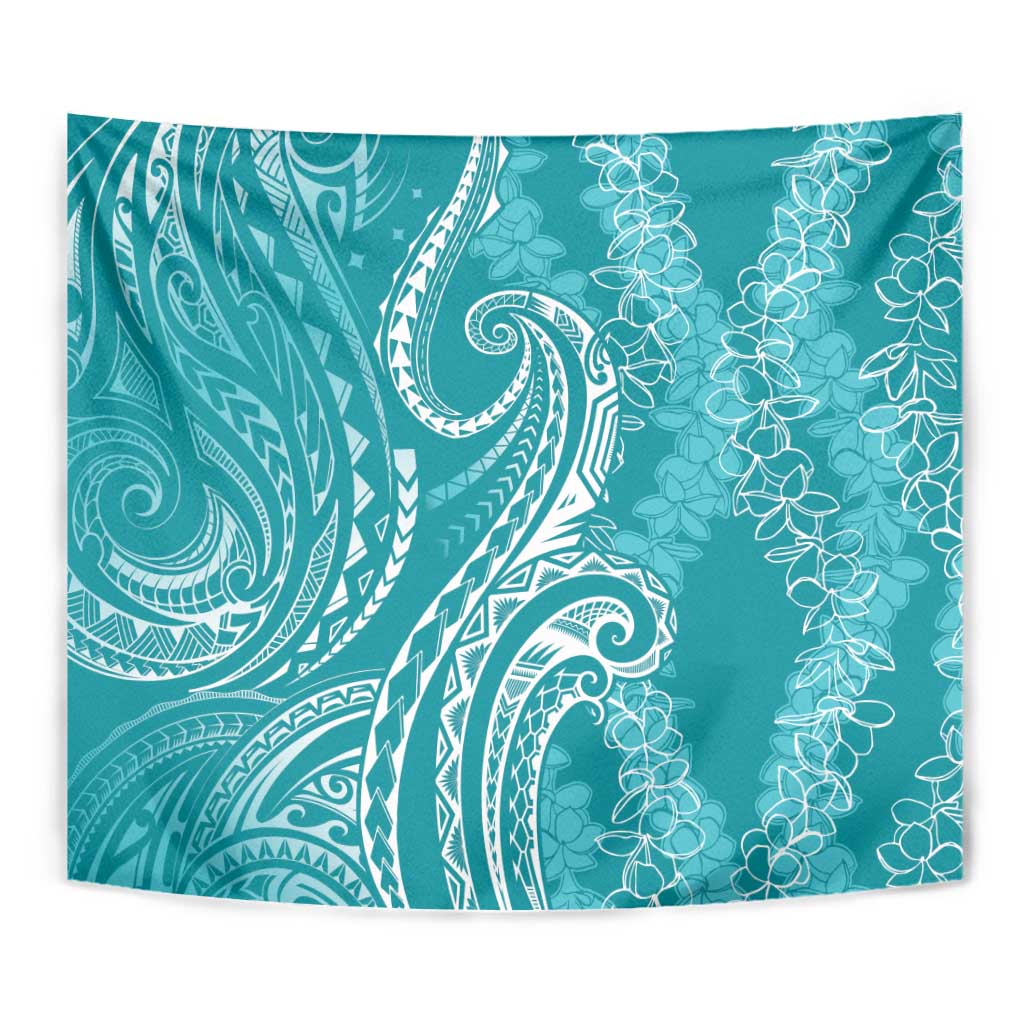 Polynesia Plumeria Lei Tapestry Teal Curves Motif