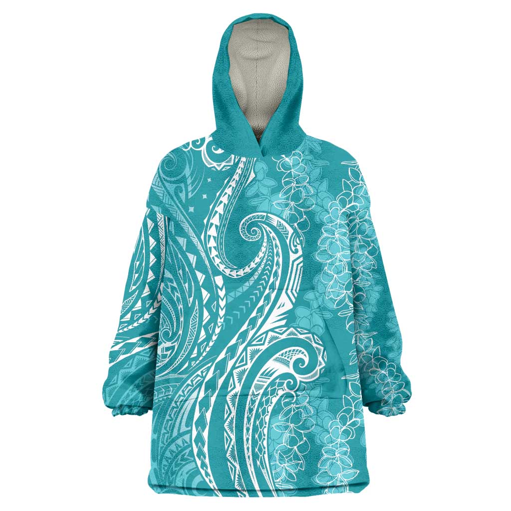 Polynesia Plumeria Lei Wearable Blanket Hoodie Teal Curves Motif LT7 One Size Teal - Polynesian Pride