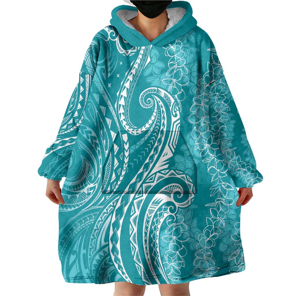 Polynesia Plumeria Lei Wearable Blanket Hoodie Teal Curves Motif LT7 - Polynesian Pride