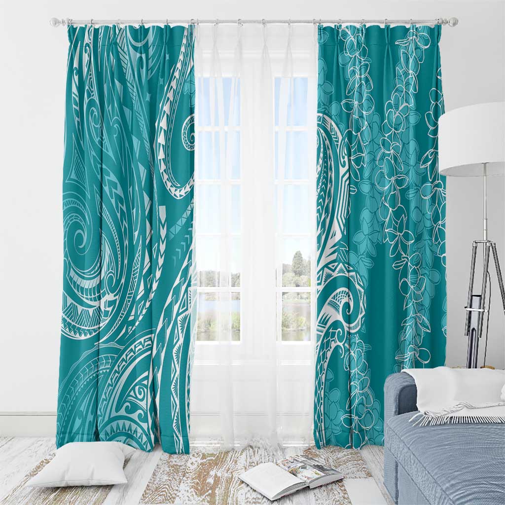 Polynesia Plumeria Lei Window Curtain Teal Curves Motif