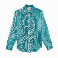 Polynesia Plumeria Lei Women Casual Shirt Teal Curves Motif