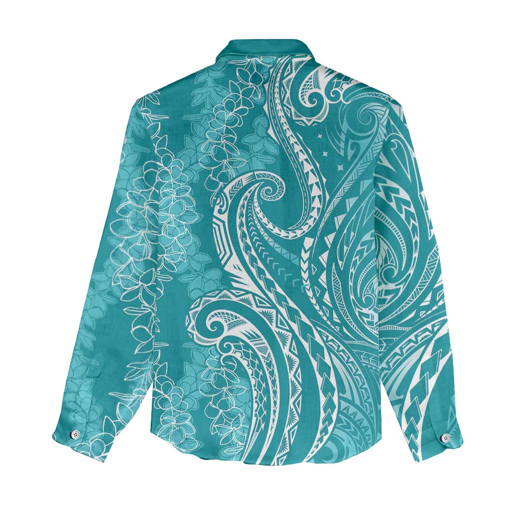 Polynesia Plumeria Lei Women Casual Shirt Teal Curves Motif
