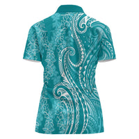 Polynesia Plumeria Lei Women Polo Shirt Teal Curves Motif