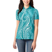 Polynesia Plumeria Lei Women Polo Shirt Teal Curves Motif