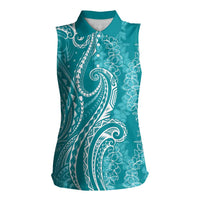Polynesia Plumeria Lei Women Sleeveless Polo Shirt Teal Curves Motif
