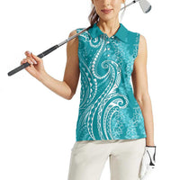 Polynesia Plumeria Lei Women Sleeveless Polo Shirt Teal Curves Motif