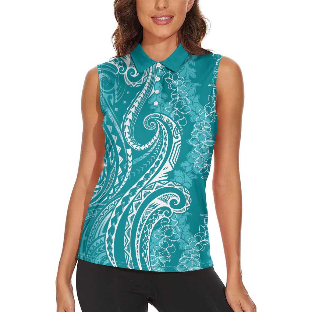 Polynesia Plumeria Lei Women Sleeveless Polo Shirt Teal Curves Motif