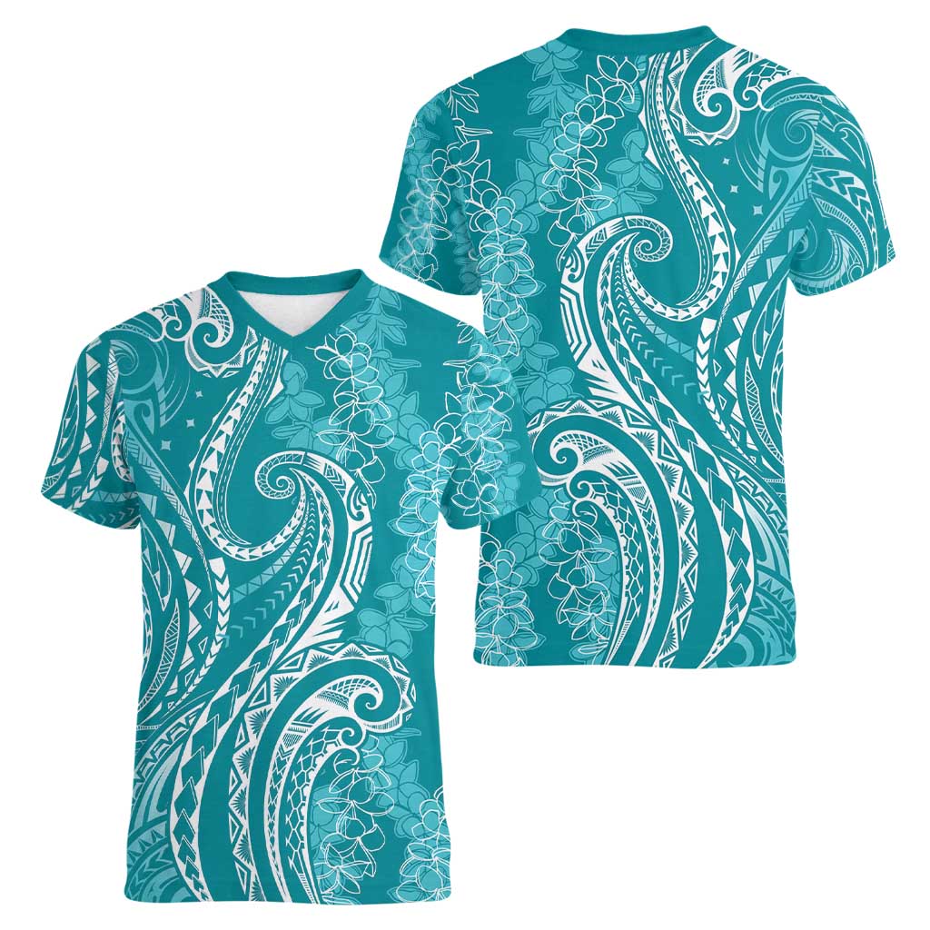Polynesia Plumeria Lei Women V-Neck T-Shirt Teal Curves Motif