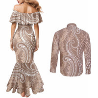 Polynesia Plumeria Lei Couples Matching Mermaid Dress and Long Sleeve Button Shirt Beige Curves Motif