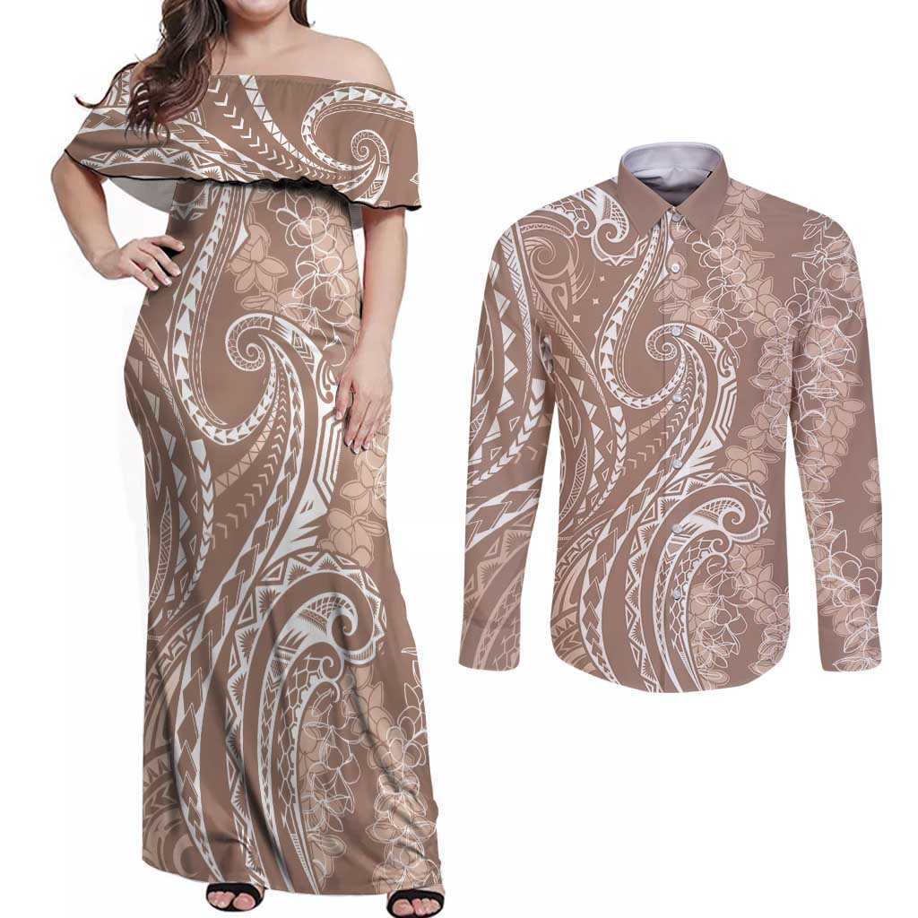 Polynesia Plumeria Lei Couples Matching Off Shoulder Maxi Dress and Long Sleeve Button Shirt Beige Curves Motif LT7 Beige - Polynesian Pride