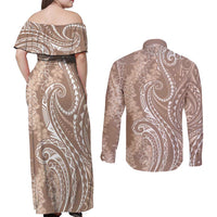 Polynesia Plumeria Lei Couples Matching Off Shoulder Maxi Dress and Long Sleeve Button Shirt Beige Curves Motif LT7 - Polynesian Pride