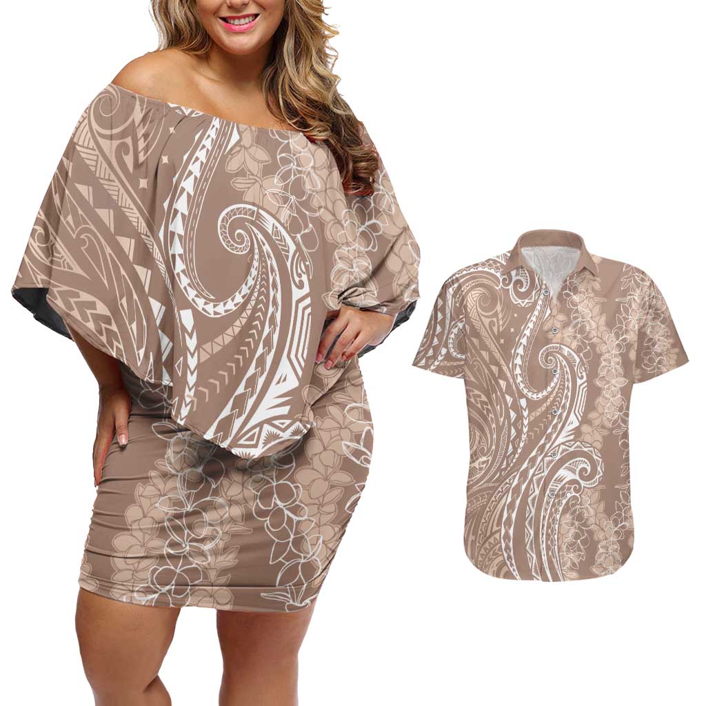 Polynesia Plumeria Lei Couples Matching Off Shoulder Short Dress and Hawaiian Shirt Beige Curves Motif LT7 Beige - Polynesian Pride
