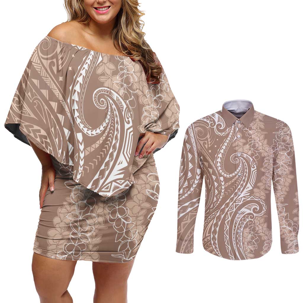 Polynesia Plumeria Lei Couples Matching Off Shoulder Short Dress and Long Sleeve Button Shirt Beige Curves Motif LT7 Beige - Polynesian Pride