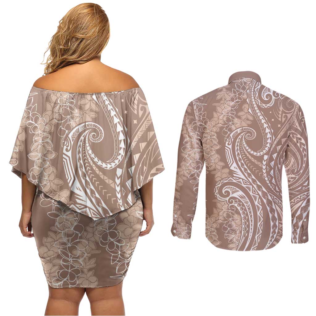 Polynesia Plumeria Lei Couples Matching Off Shoulder Short Dress and Long Sleeve Button Shirt Beige Curves Motif