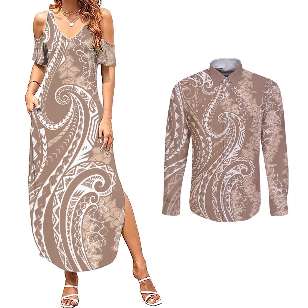 Polynesia Plumeria Lei Couples Matching Summer Maxi Dress and Long Sleeve Button Shirt Beige Curves Motif LT7 Beige - Polynesian Pride