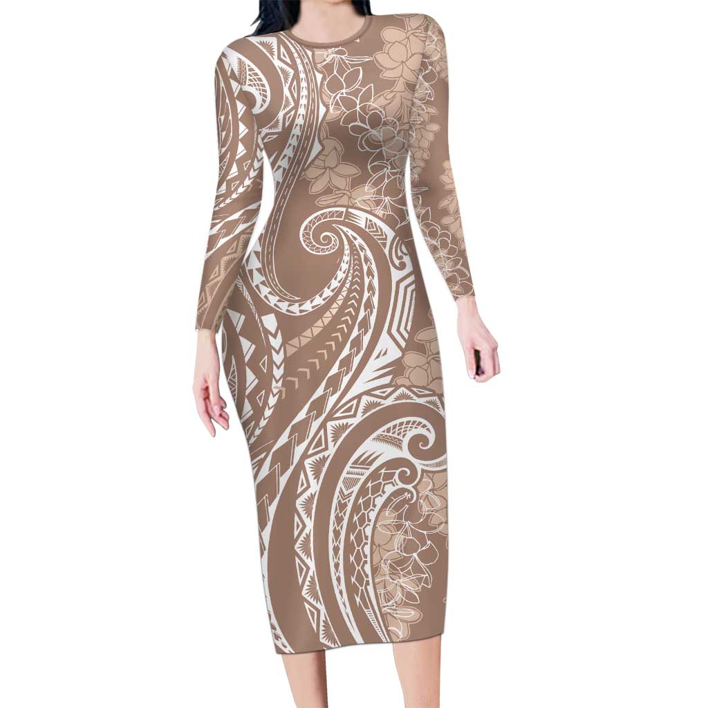 Polynesia Plumeria Lei Family Matching Long Sleeve Bodycon Dress and Hawaiian Shirt Beige Curves Motif