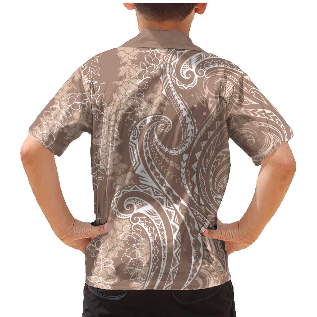 Polynesia Plumeria Lei Family Matching Mermaid Dress and Hawaiian Shirt Beige Curves Motif