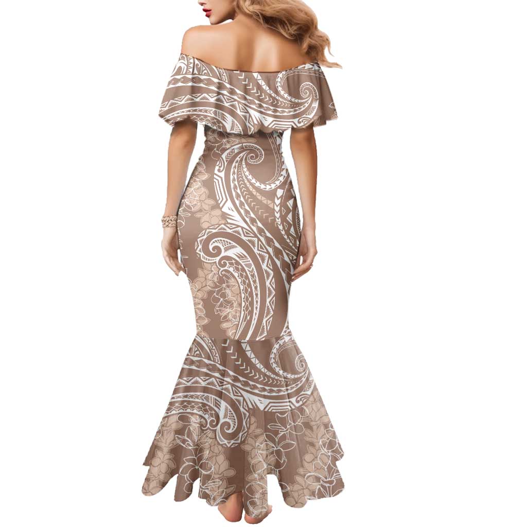 Polynesia Plumeria Lei Family Matching Mermaid Dress and Hawaiian Shirt Beige Curves Motif