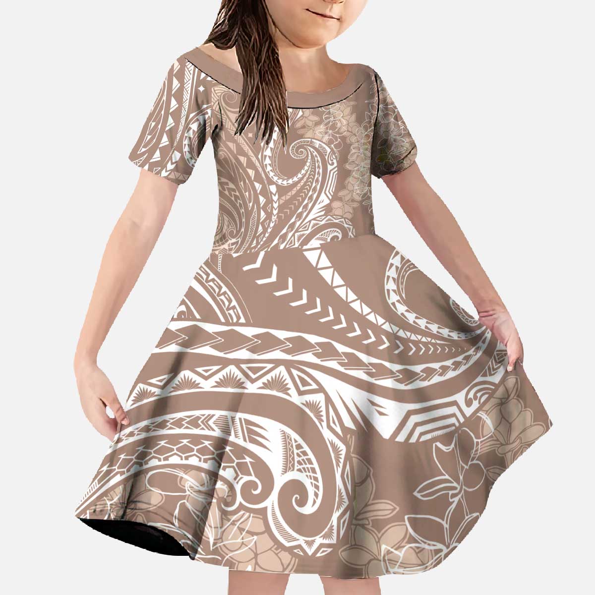 Polynesia Plumeria Lei Family Matching Off The Shoulder Long Sleeve Dress and Hawaiian Shirt Beige Curves Motif