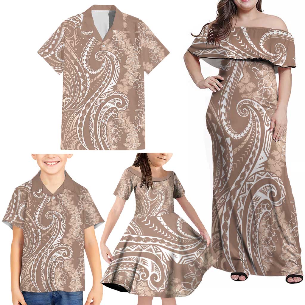 Polynesia Plumeria Lei Family Matching Off Shoulder Maxi Dress and Hawaiian Shirt Beige Curves Motif LT7 - Polynesian Pride