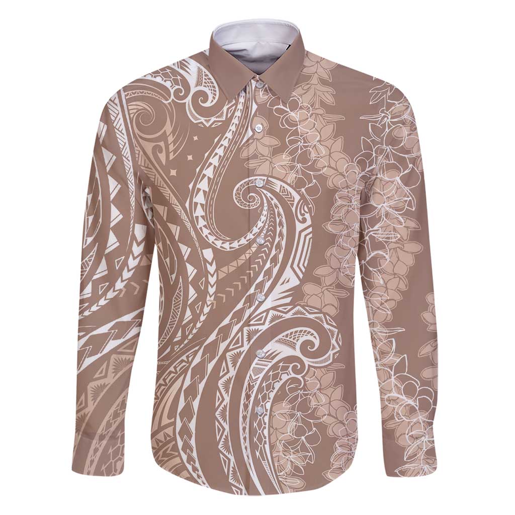 Polynesia Plumeria Lei Family Matching Puletasi and Hawaiian Shirt Beige Curves Motif LT7 Dad's Shirt - Long Sleeve Beige - Polynesian Pride
