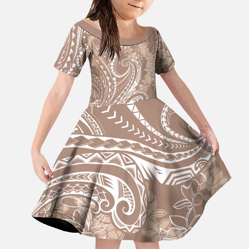 Polynesia Plumeria Lei Family Matching Short Sleeve Bodycon Dress and Hawaiian Shirt Beige Curves Motif