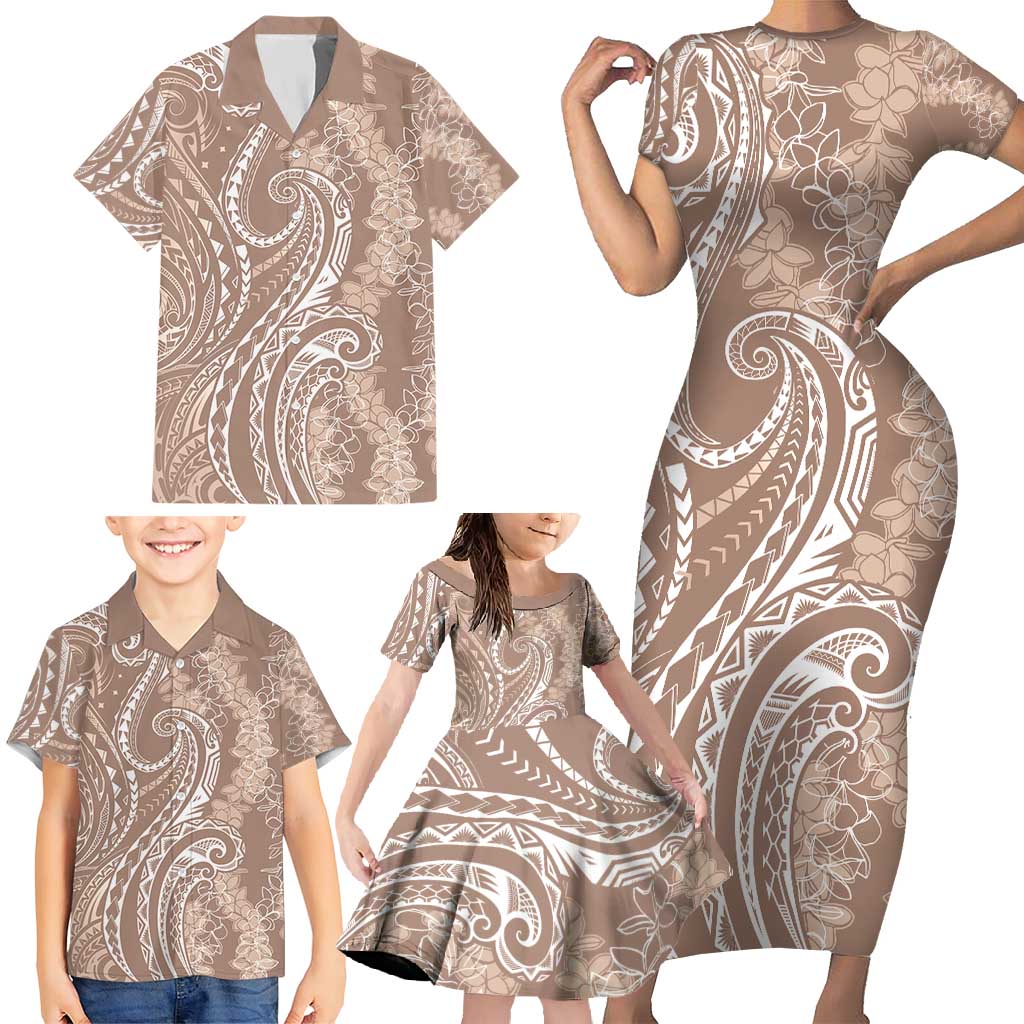 Polynesia Plumeria Lei Family Matching Short Sleeve Bodycon Dress and Hawaiian Shirt Beige Curves Motif LT7 - Polynesian Pride