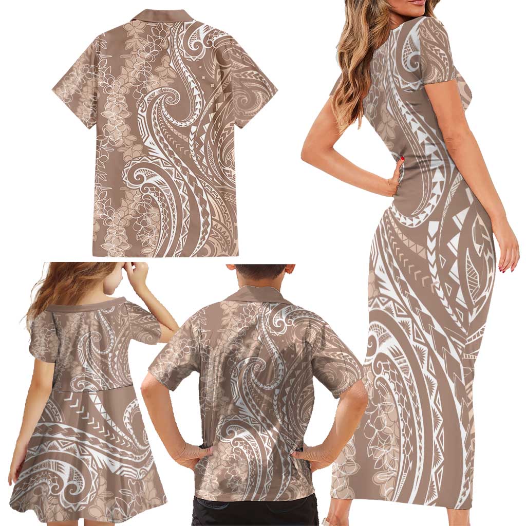Polynesia Plumeria Lei Family Matching Short Sleeve Bodycon Dress and Hawaiian Shirt Beige Curves Motif