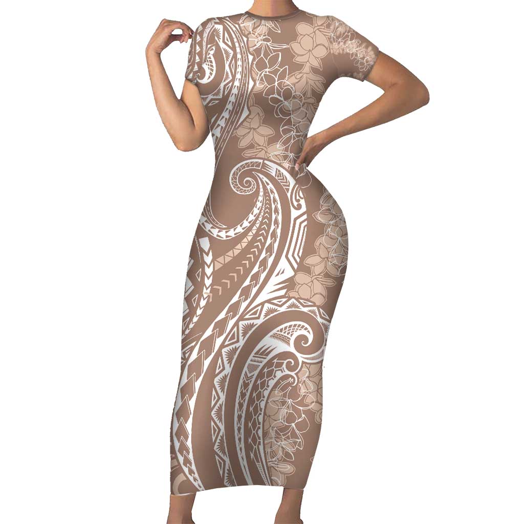 Polynesia Plumeria Lei Family Matching Short Sleeve Bodycon Dress and Hawaiian Shirt Beige Curves Motif