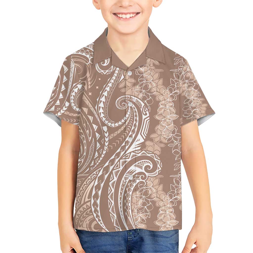 Polynesia Plumeria Lei Family Matching Short Sleeve Bodycon Dress and Hawaiian Shirt Beige Curves Motif