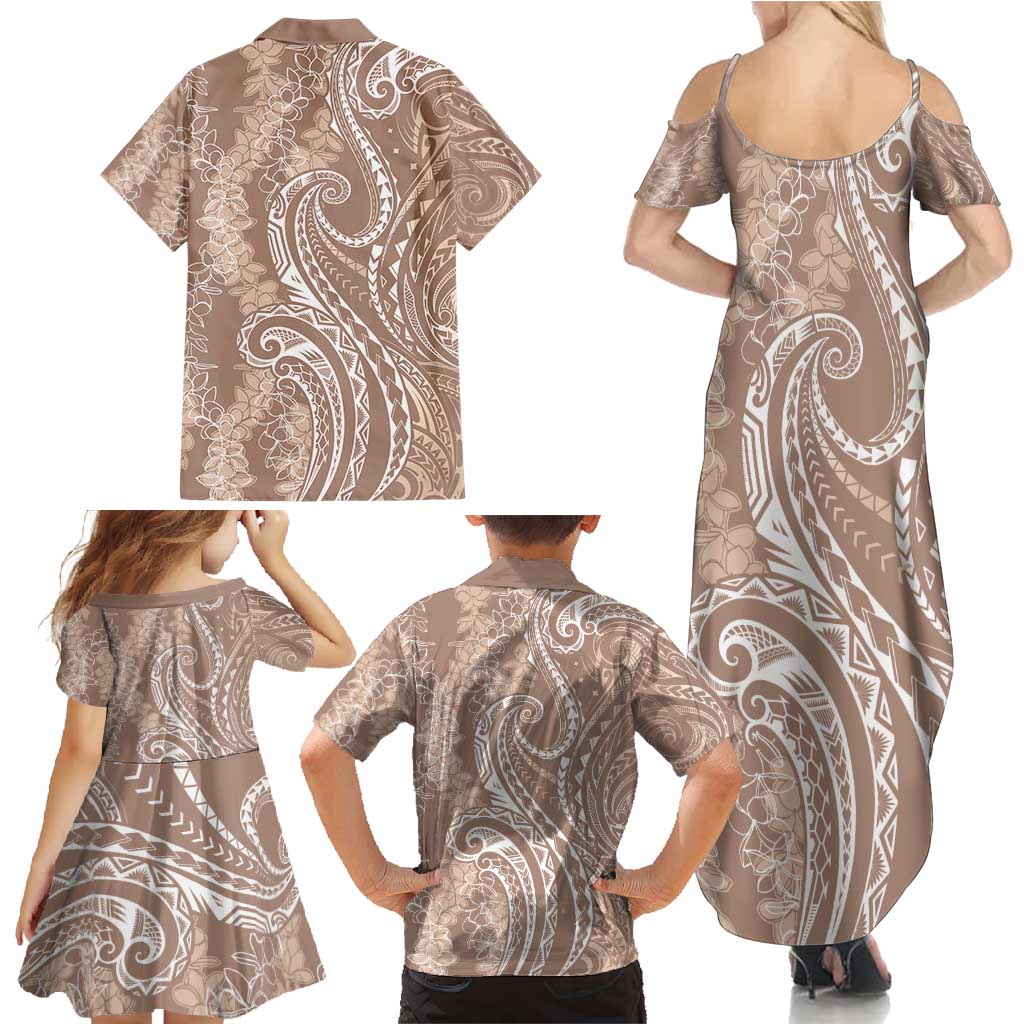 Polynesia Plumeria Lei Family Matching Summer Maxi Dress and Hawaiian Shirt Beige Curves Motif
