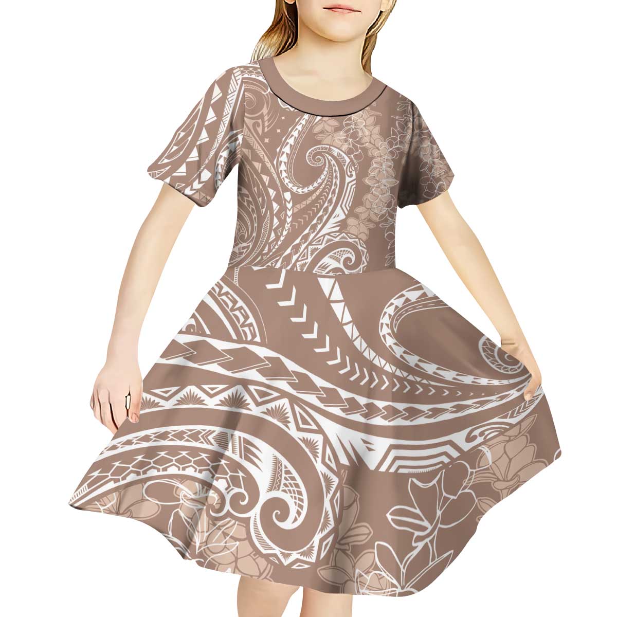 Polynesia Plumeria Lei Kid Short Sleeve Dress Beige Curves Motif LT7 - Polynesian Pride