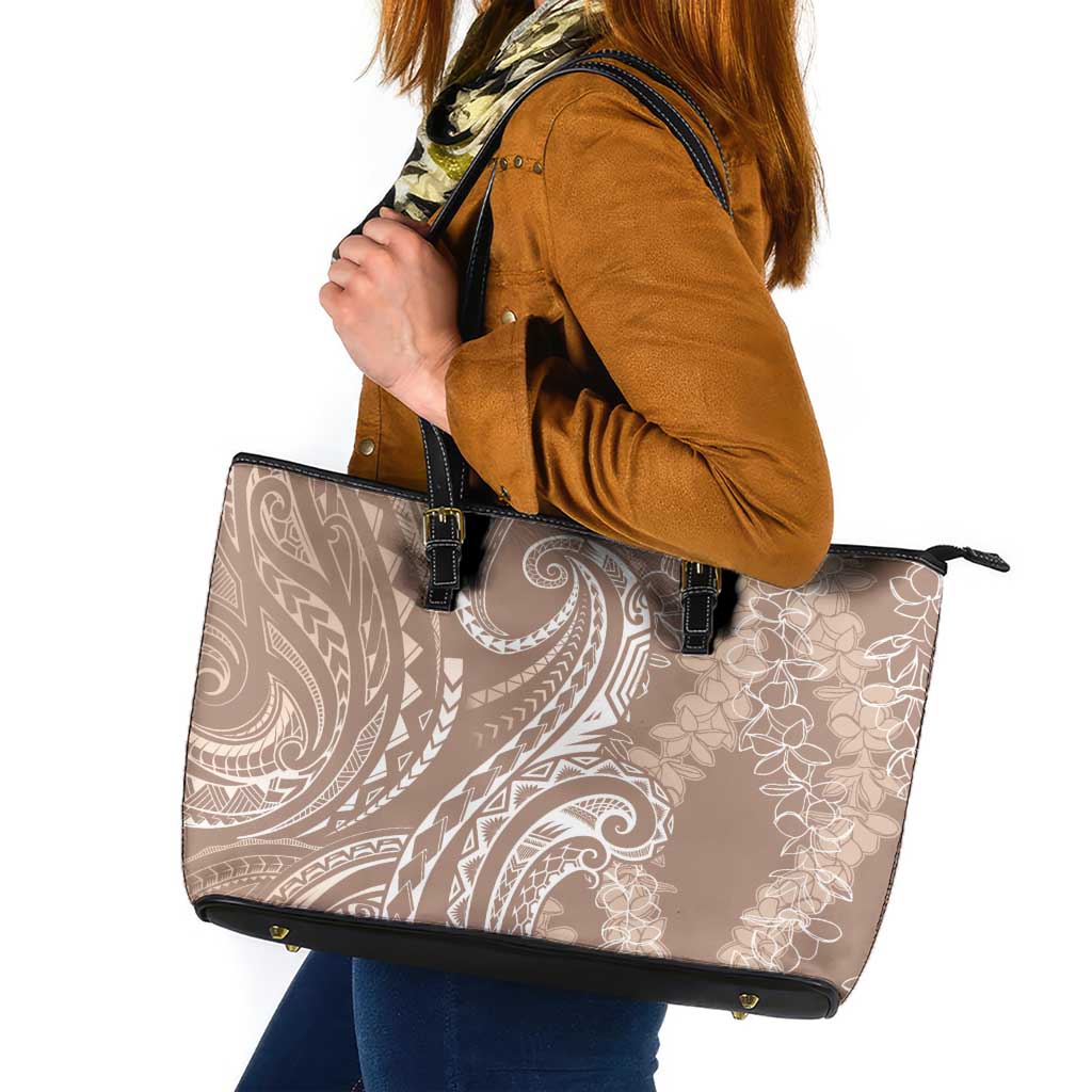Polynesia Plumeria Lei Leather Tote Bag Beige Curves Motif